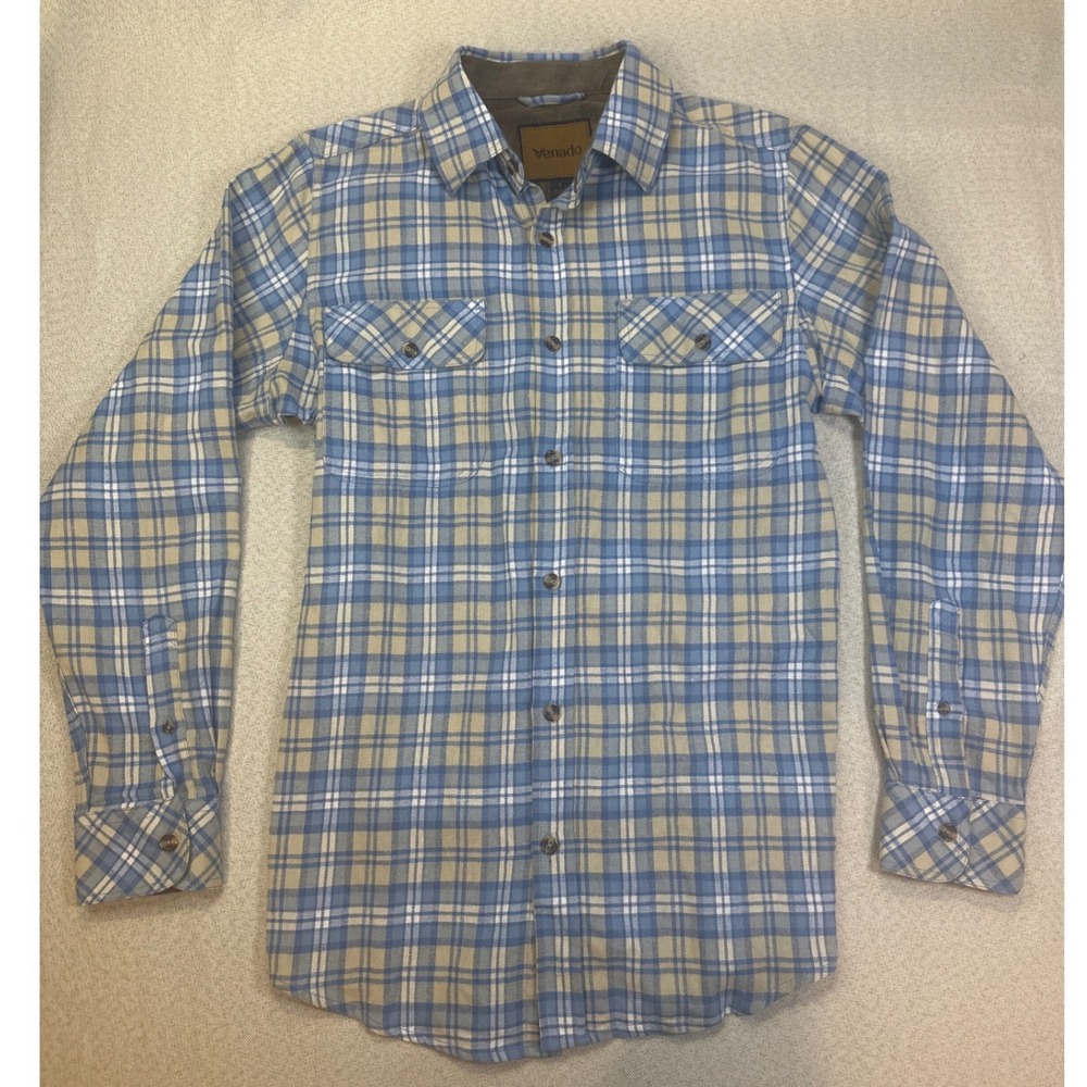 Venado Flannel Shirt Mens Small Blue Tan Cotton Plaid Corduroy Trim Western Boho
